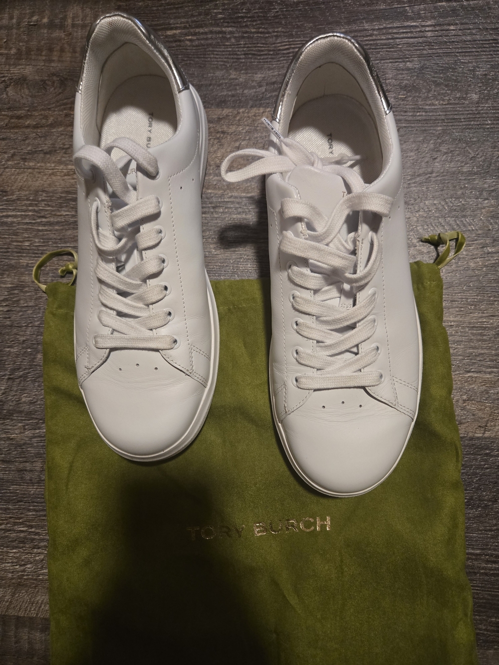 Tory Burch White Leather Sneakers with Silver Heel Tab